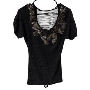 Beaded Neckline Short Sleeve BKE Black Ripped Back Night Out Top Woman’s Size S